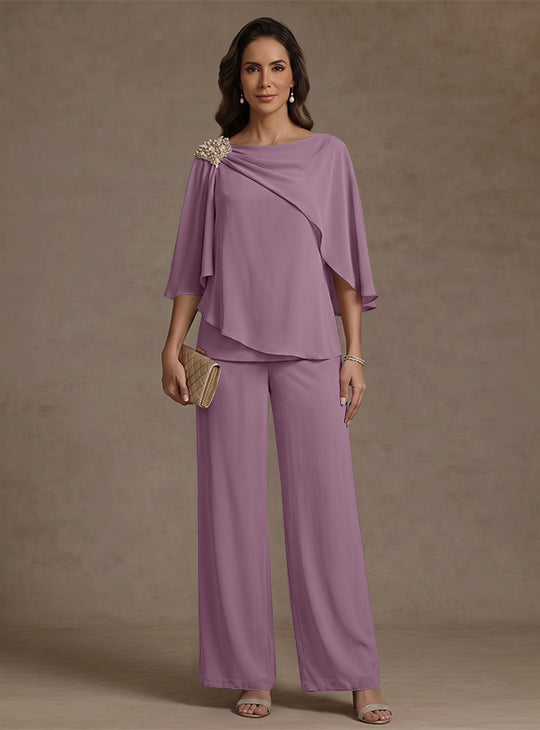 Ensemble pantalon 2 pièces pour mère de la mariée, col bateau en mousseline, manches cape, longueur cheville, strass