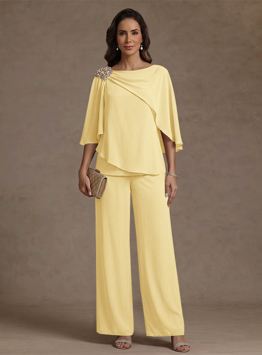 Ensemble pantalon 2 pièces pour mère de la mariée, col bateau en mousseline, manches cape, longueur cheville, strass