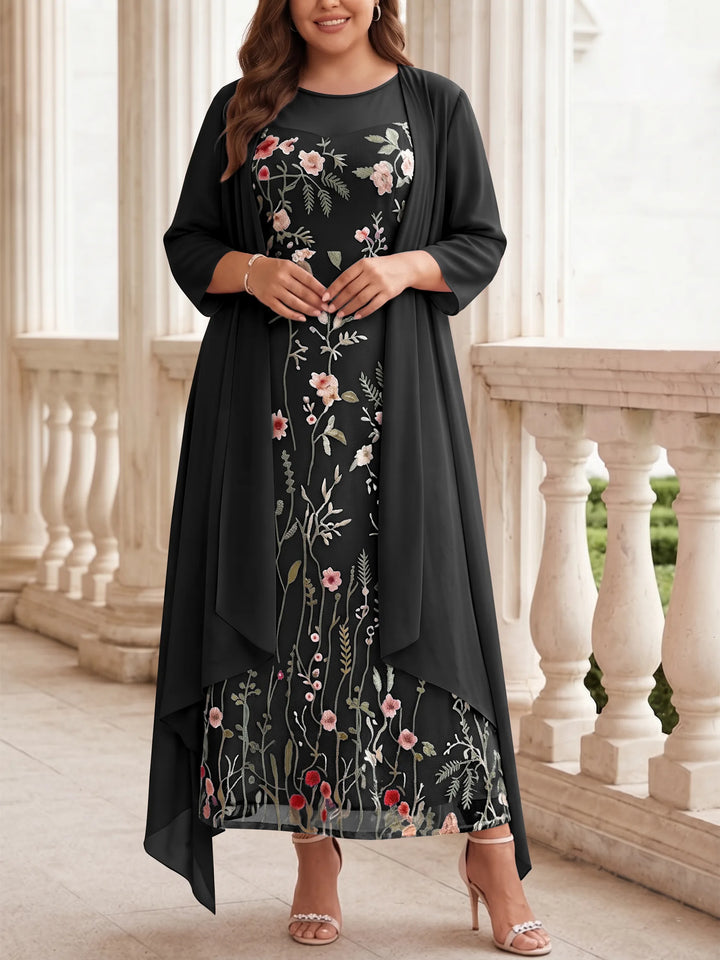 Robe mère de la mariée, Taille Plus, Ligne A/Princesse, 2 Pièces, Col Rond, Mousseline, Manches Longues, Longueur de la Cheville, Florale