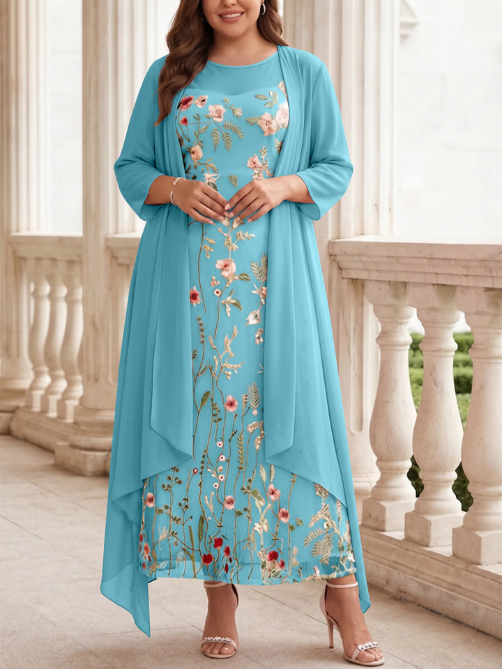 Robe mère de la mariée, Taille Plus, Ligne A/Princesse, 2 Pièces, Col Rond, Mousseline, Manches Longues, Longueur de la Cheville, Florale