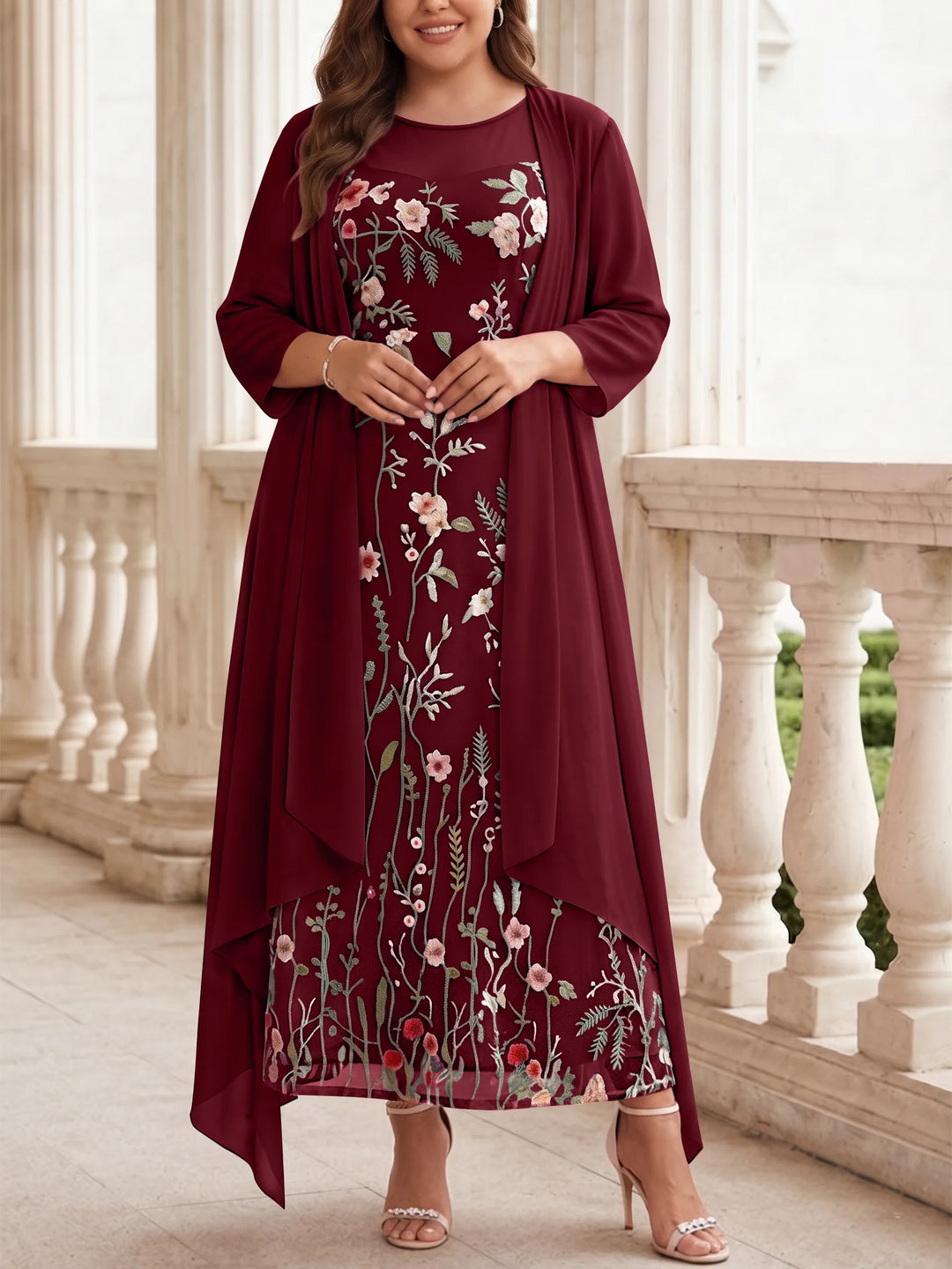 Robe mère de la mariée, Taille Plus, Ligne A/Princesse, 2 Pièces, Col Rond, Mousseline, Manches Longues, Longueur de la Cheville, Florale