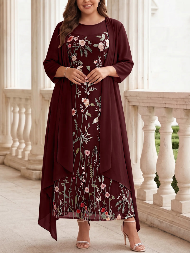 Robe mère de la mariée, Taille Plus, Ligne A/Princesse, 2 Pièces, Col Rond, Mousseline, Manches Longues, Longueur de la Cheville, Florale