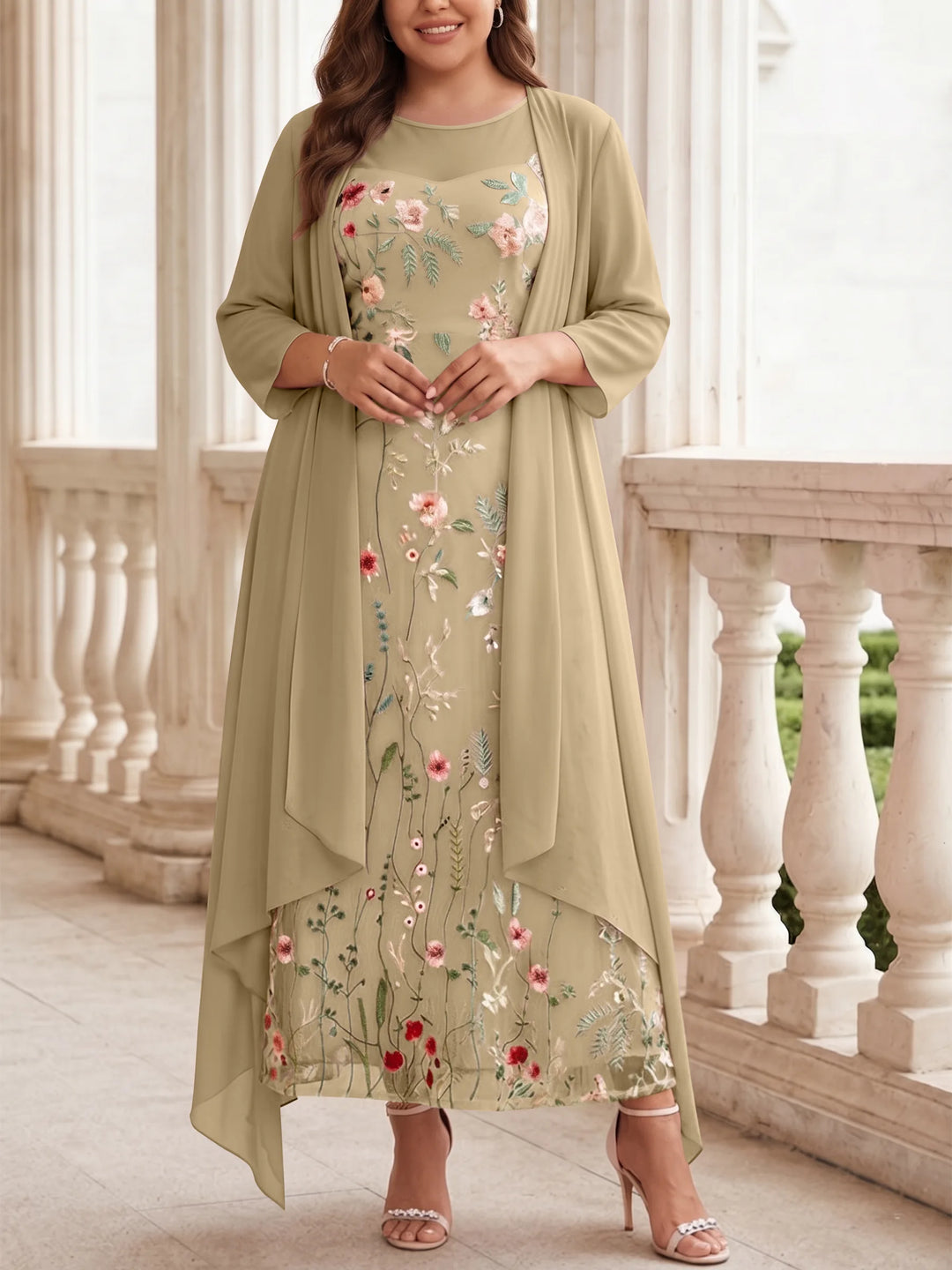 Robe mère de la mariée, Taille Plus, Ligne A/Princesse, 2 Pièces, Col Rond, Mousseline, Manches Longues, Longueur de la Cheville, Florale