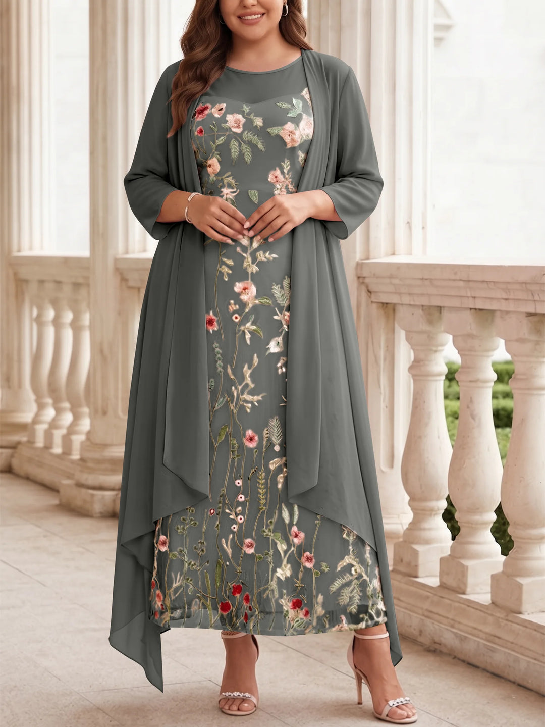 Robe mère de la mariée, Taille Plus, Ligne A/Princesse, 2 Pièces, Col Rond, Mousseline, Manches Longues, Longueur de la Cheville, Florale