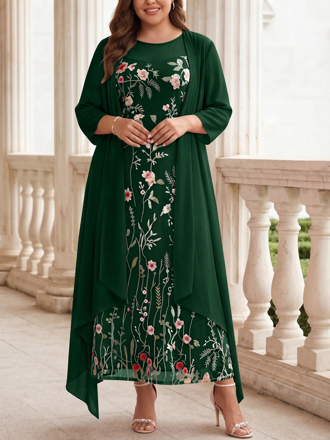 Robe mère de la mariée, Taille Plus, Ligne A/Princesse, 2 Pièces, Col Rond, Mousseline, Manches Longues, Longueur de la Cheville, Florale