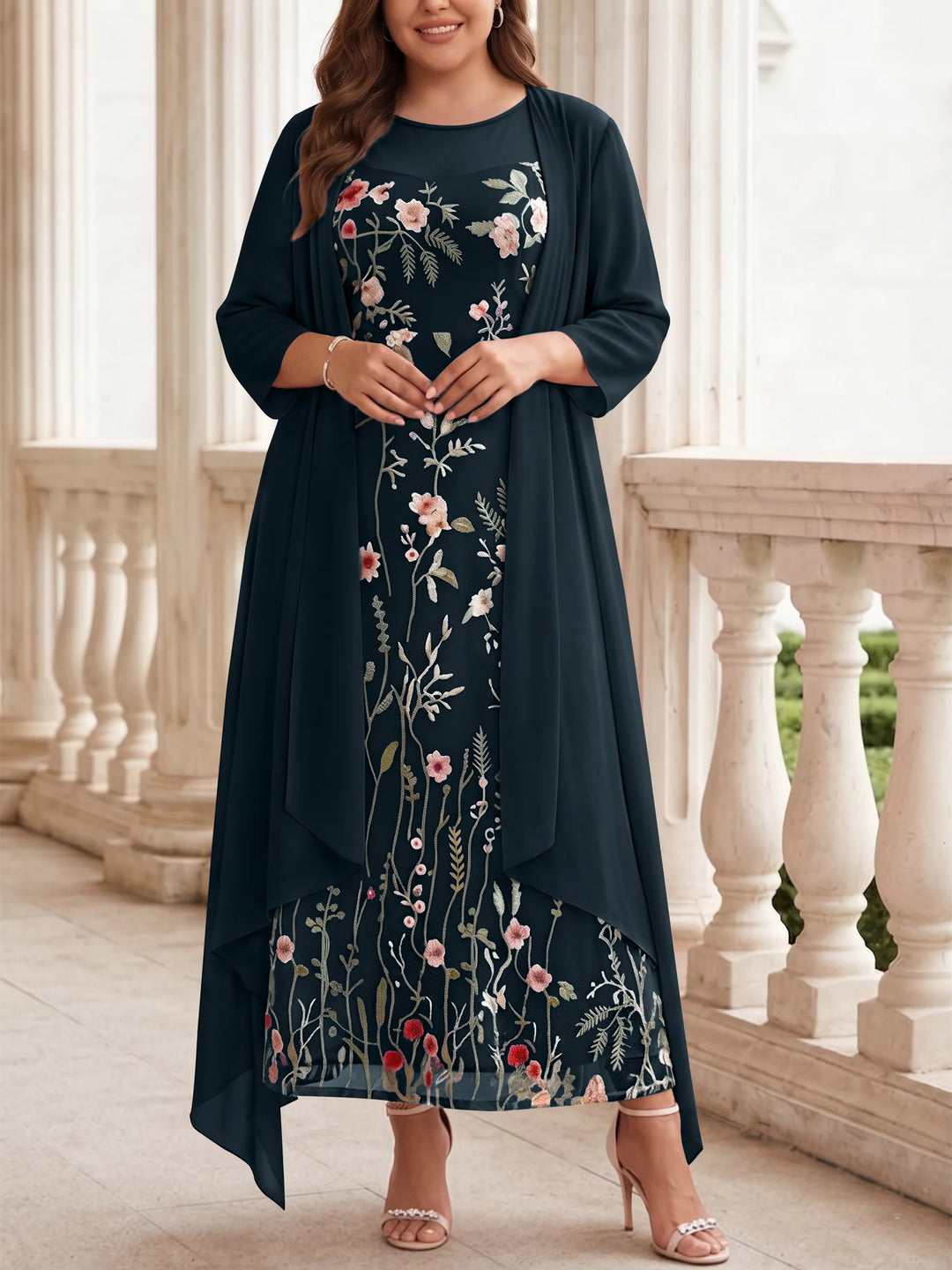 Robe mère de la mariée, Taille Plus, Ligne A/Princesse, 2 Pièces, Col Rond, Mousseline, Manches Longues, Longueur de la Cheville, Florale