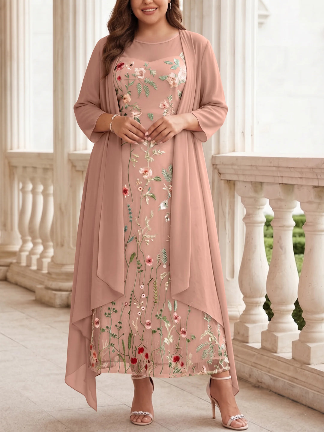 Robe mère de la mariée, Taille Plus, Ligne A/Princesse, 2 Pièces, Col Rond, Mousseline, Manches Longues, Longueur de la Cheville, Florale
