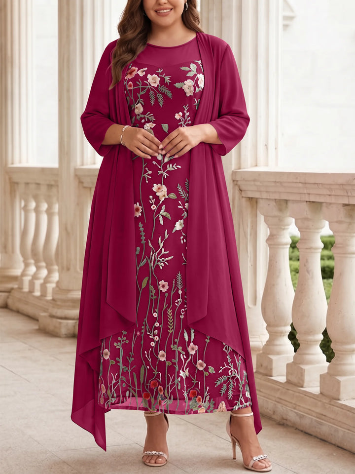 Robe mère de la mariée, Taille Plus, Ligne A/Princesse, 2 Pièces, Col Rond, Mousseline, Manches Longues, Longueur de la Cheville, Florale