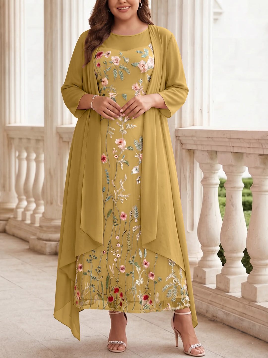 Robe mère de la mariée, Taille Plus, Ligne A/Princesse, 2 Pièces, Col Rond, Mousseline, Manches Longues, Longueur de la Cheville, Florale