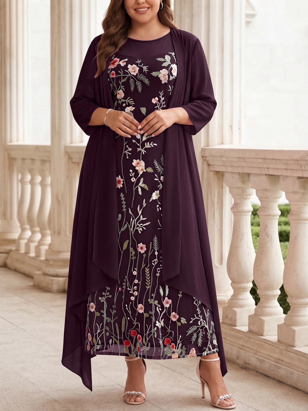 Robe mère de la mariée, Taille Plus, Ligne A/Princesse, 2 Pièces, Col Rond, Mousseline, Manches Longues, Longueur de la Cheville, Florale