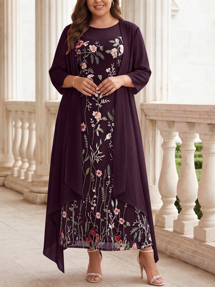 Robe mère de la mariée, Taille Plus, Ligne A/Princesse, 2 Pièces, Col Rond, Mousseline, Manches Longues, Longueur de la Cheville, Florale