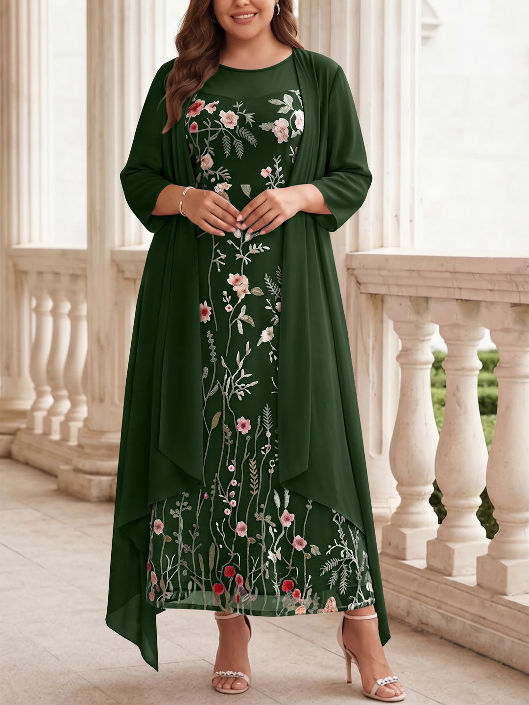 Robe mère de la mariée, Taille Plus, Ligne A/Princesse, 2 Pièces, Col Rond, Mousseline, Manches Longues, Longueur de la Cheville, Florale