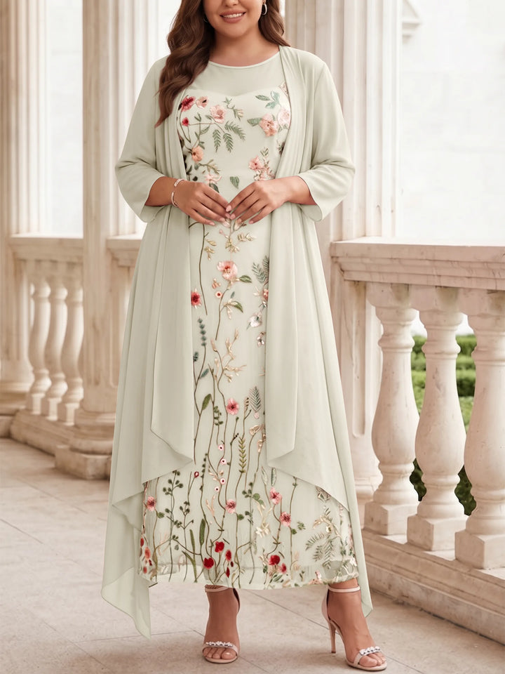 Robe mère de la mariée, Taille Plus, Ligne A/Princesse, 2 Pièces, Col Rond, Mousseline, Manches Longues, Longueur de la Cheville, Florale