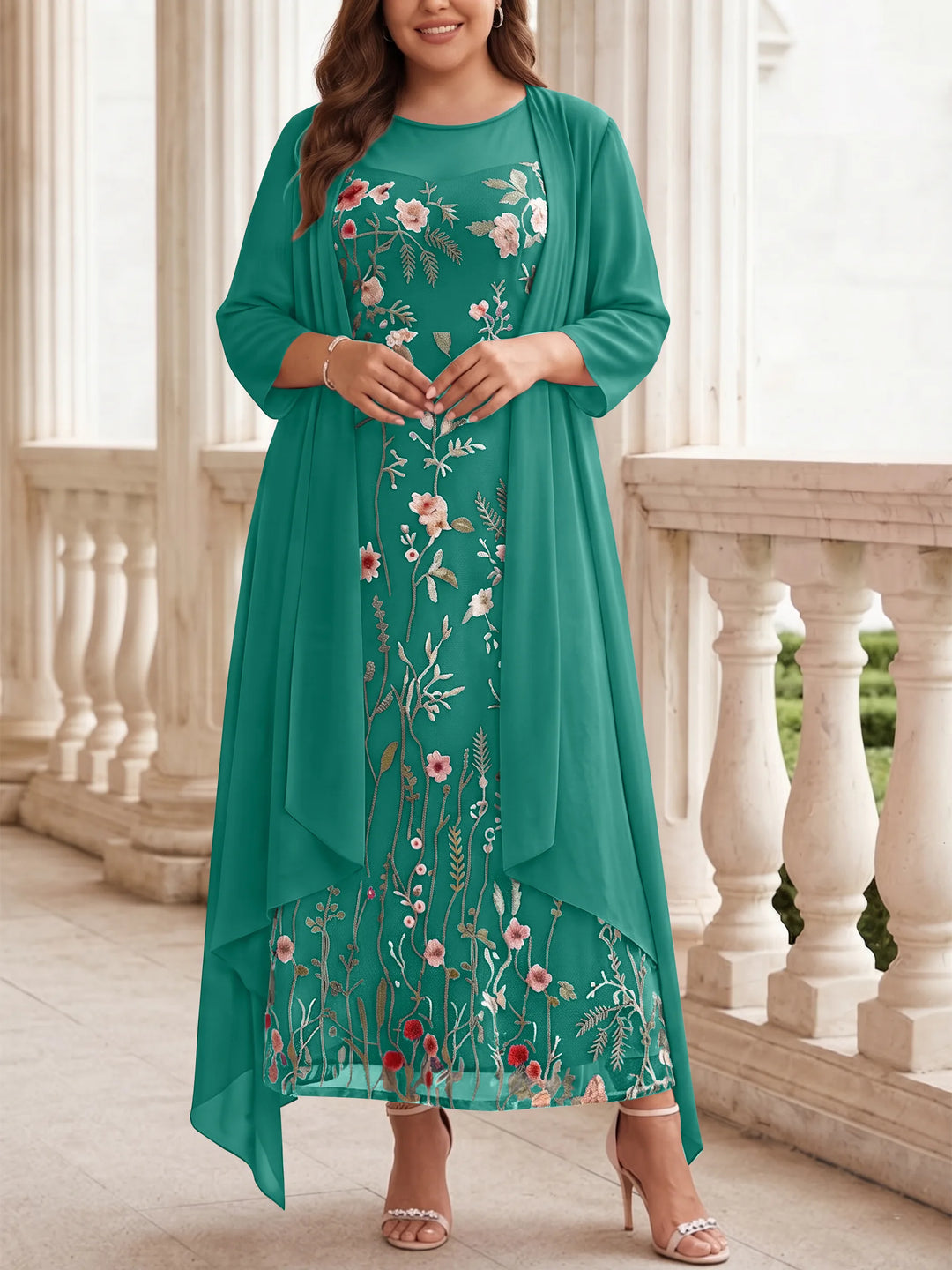 Robe mère de la mariée, Taille Plus, Ligne A/Princesse, 2 Pièces, Col Rond, Mousseline, Manches Longues, Longueur de la Cheville, Florale
