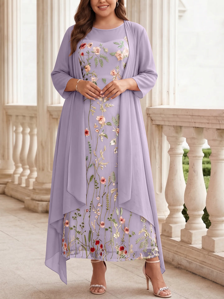 Robe mère de la mariée, Taille Plus, Ligne A/Princesse, 2 Pièces, Col Rond, Mousseline, Manches Longues, Longueur de la Cheville, Florale