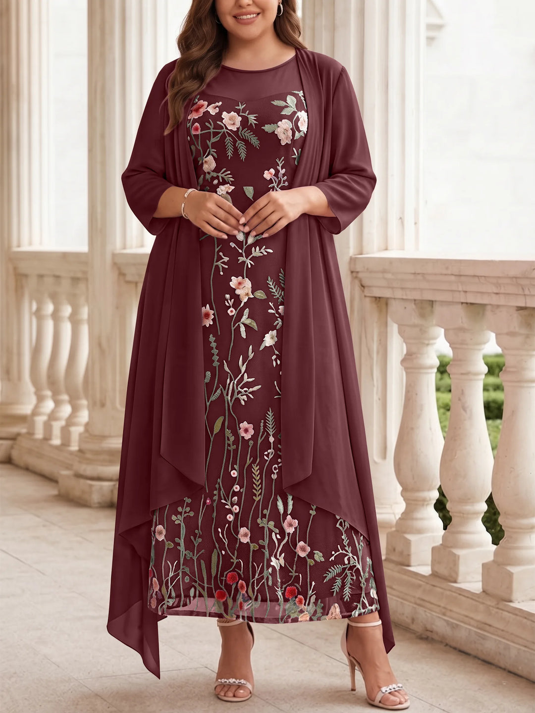 Robe mère de la mariée, Taille Plus, Ligne A/Princesse, 2 Pièces, Col Rond, Mousseline, Manches Longues, Longueur de la Cheville, Florale