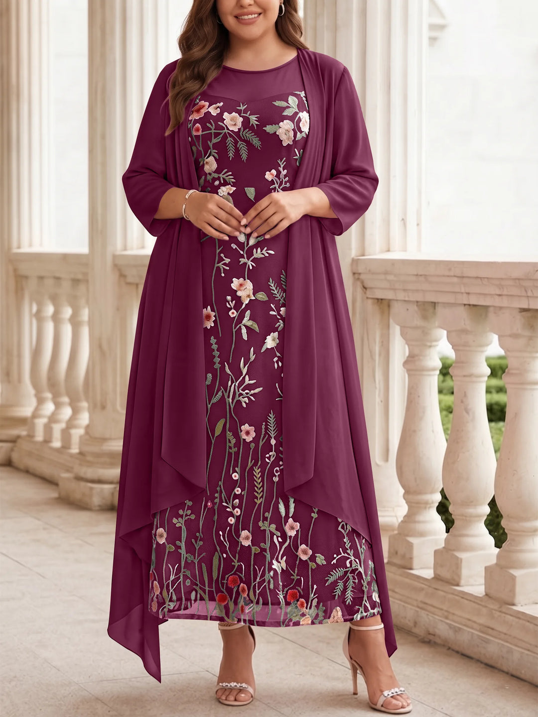 Robe mère de la mariée, Taille Plus, Ligne A/Princesse, 2 Pièces, Col Rond, Mousseline, Manches Longues, Longueur de la Cheville, Florale