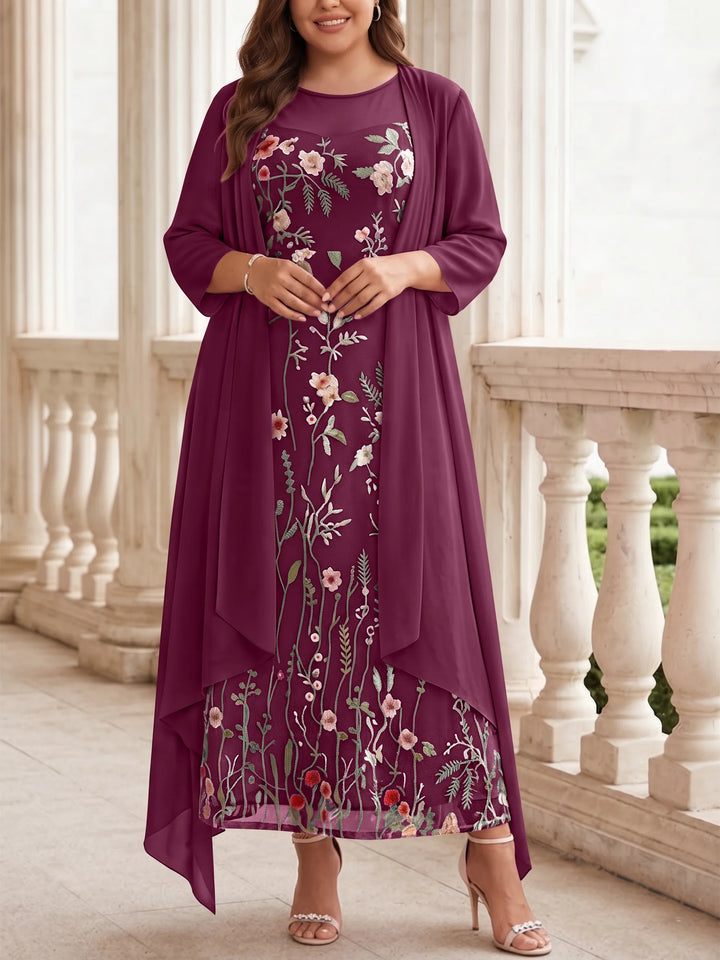Robe mère de la mariée, Taille Plus, Ligne A/Princesse, 2 Pièces, Col Rond, Mousseline, Manches Longues, Longueur de la Cheville, Florale