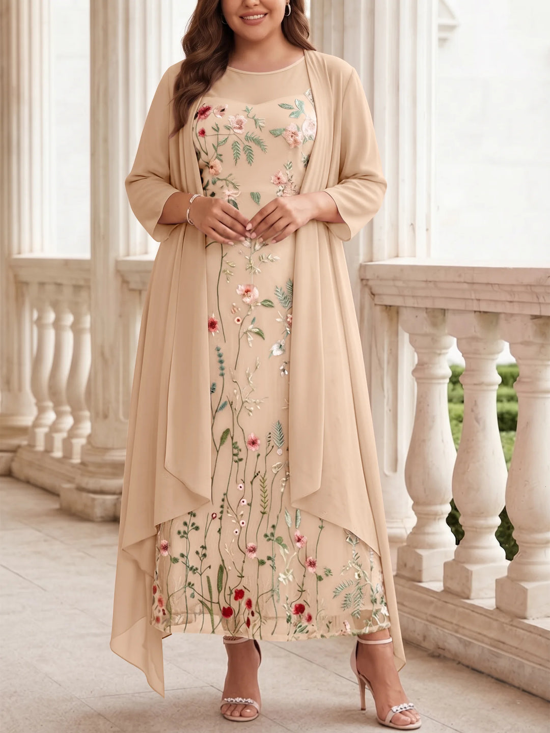 Robe mère de la mariée, Taille Plus, Ligne A/Princesse, 2 Pièces, Col Rond, Mousseline, Manches Longues, Longueur de la Cheville, Florale
