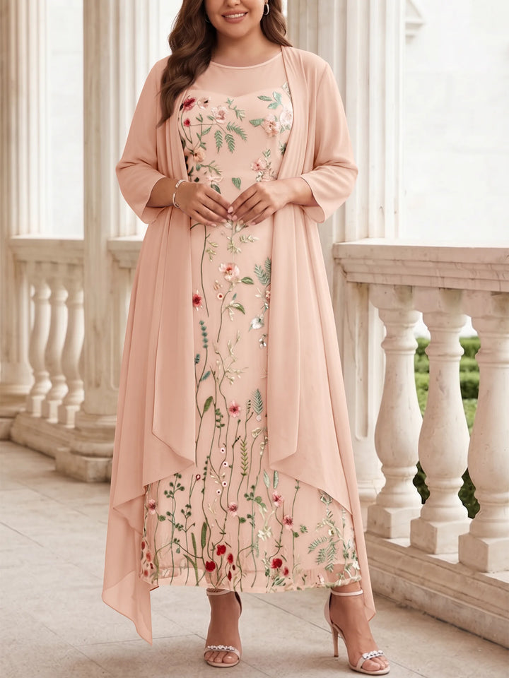 Robe mère de la mariée, Taille Plus, Ligne A/Princesse, 2 Pièces, Col Rond, Mousseline, Manches Longues, Longueur de la Cheville, Florale