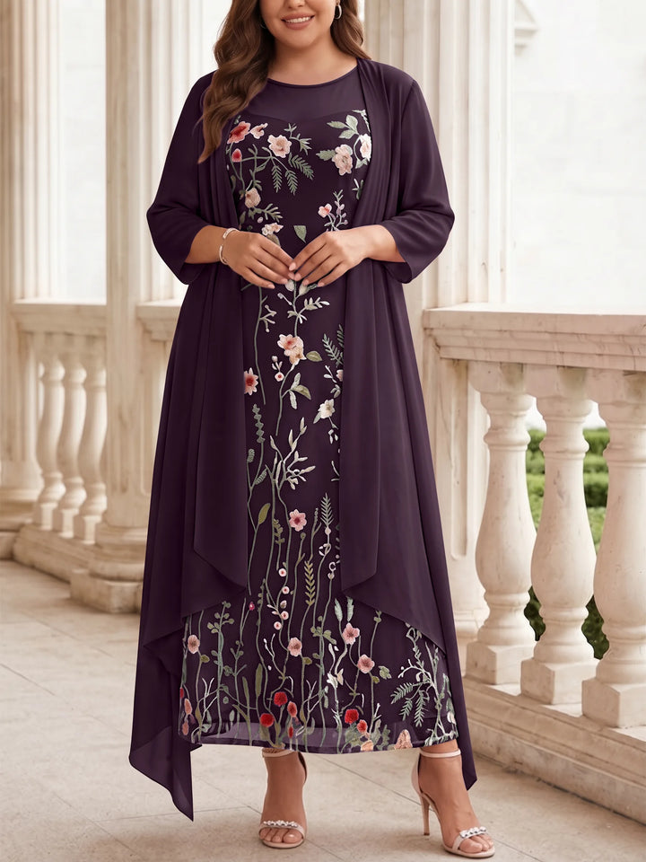 Robe mère de la mariée, Taille Plus, Ligne A/Princesse, 2 Pièces, Col Rond, Mousseline, Manches Longues, Longueur de la Cheville, Florale