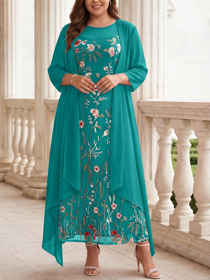 Robe mère de la mariée, Taille Plus, Ligne A/Princesse, 2 Pièces, Col Rond, Mousseline, Manches Longues, Longueur de la Cheville, Florale