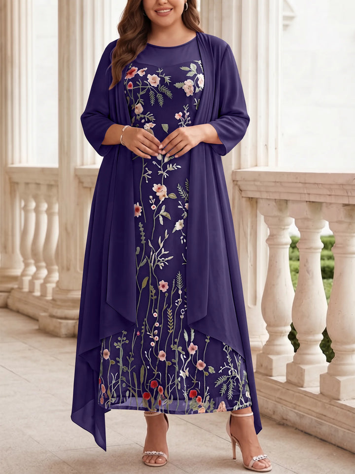 Robe mère de la mariée, Taille Plus, Ligne A/Princesse, 2 Pièces, Col Rond, Mousseline, Manches Longues, Longueur de la Cheville, Florale