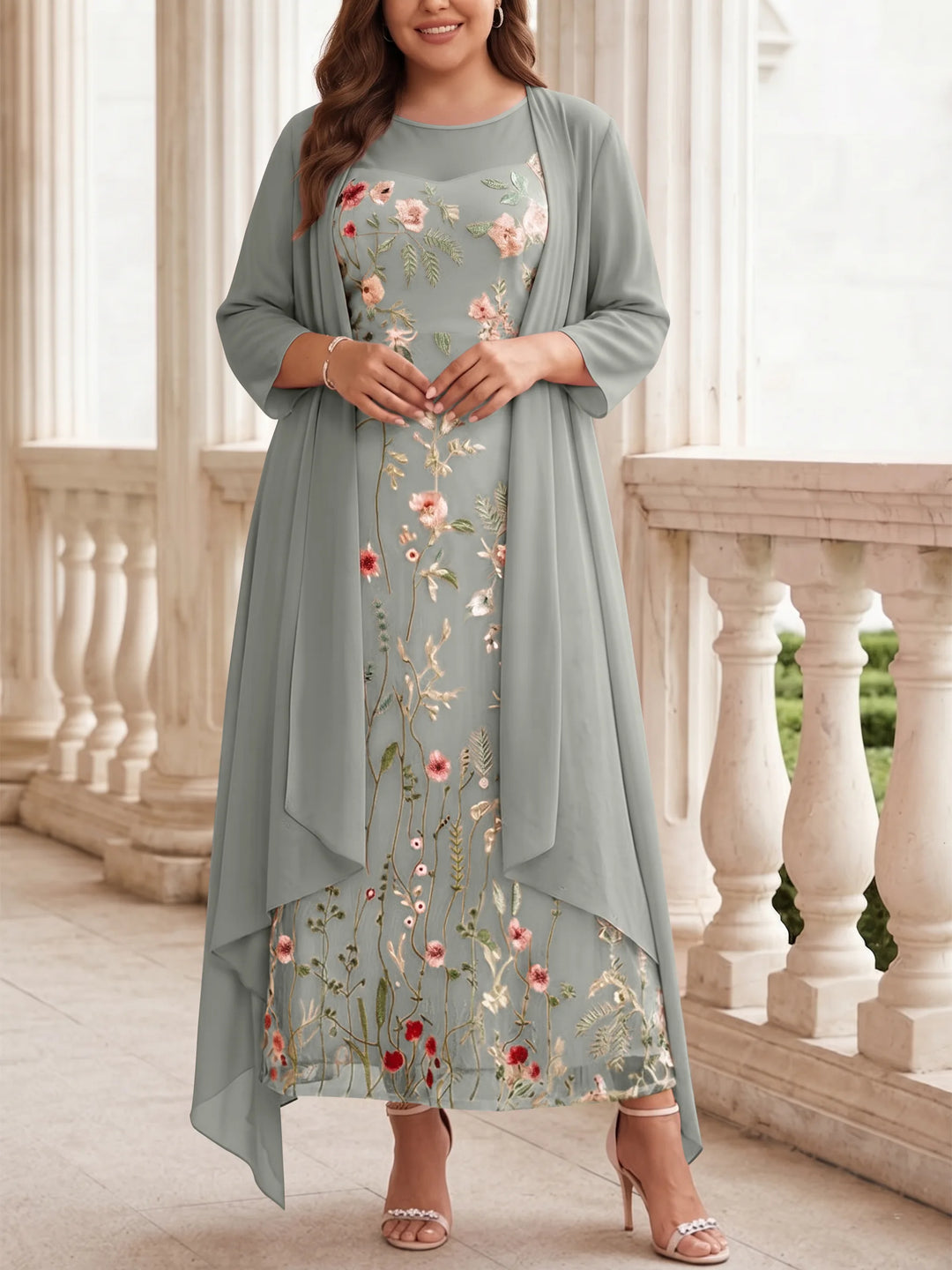 Robe mère de la mariée, Taille Plus, Ligne A/Princesse, 2 Pièces, Col Rond, Mousseline, Manches Longues, Longueur de la Cheville, Florale