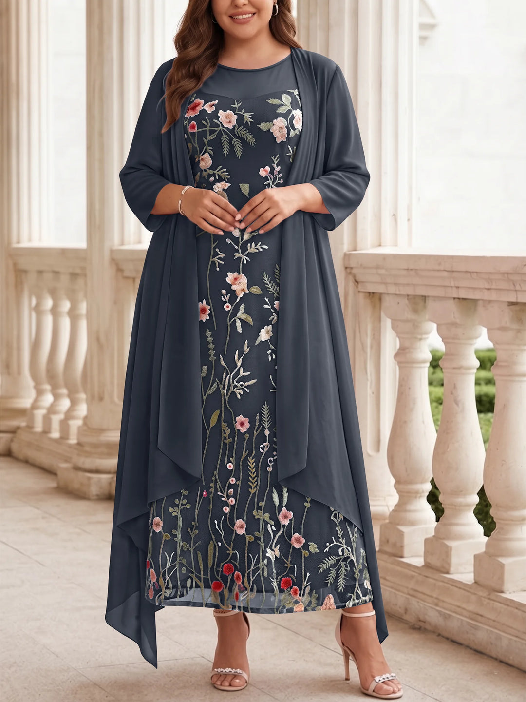 Robe mère de la mariée, Taille Plus, Ligne A/Princesse, 2 Pièces, Col Rond, Mousseline, Manches Longues, Longueur de la Cheville, Florale