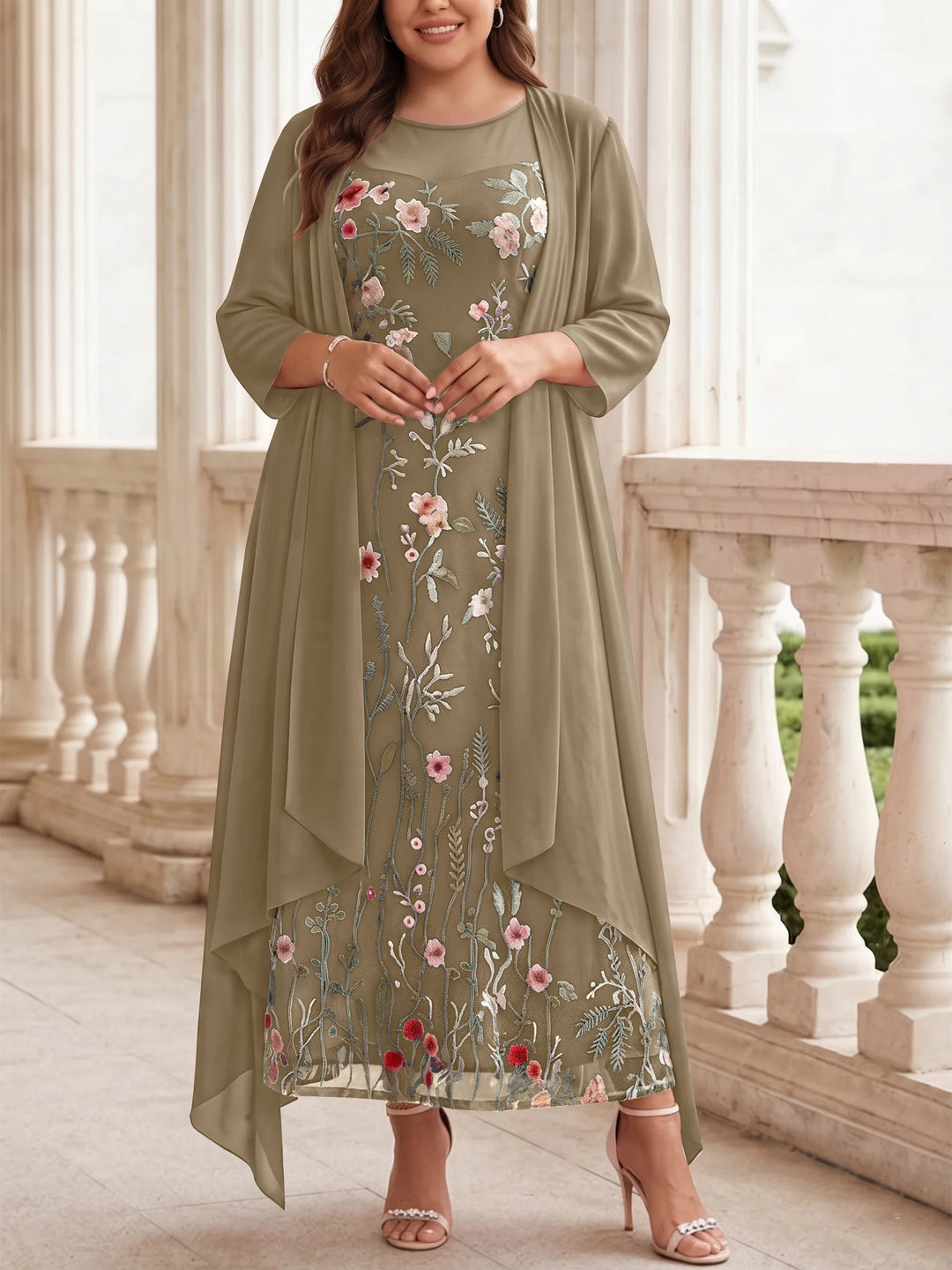 Robe mère de la mariée, Taille Plus, Ligne A/Princesse, 2 Pièces, Col Rond, Mousseline, Manches Longues, Longueur de la Cheville, Florale