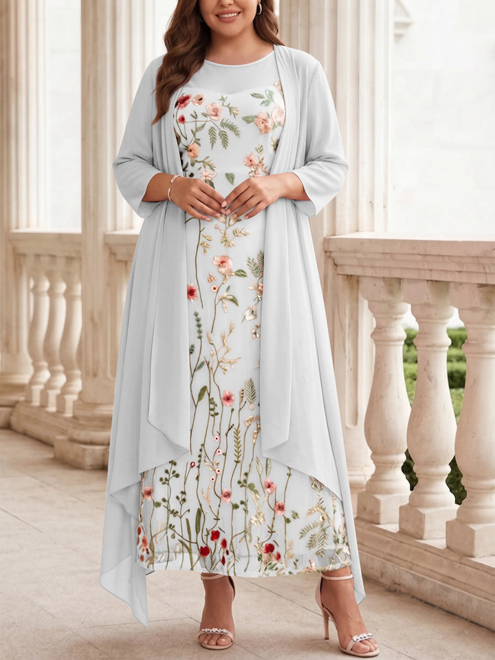 Robe mère de la mariée, Taille Plus, Ligne A/Princesse, 2 Pièces, Col Rond, Mousseline, Manches Longues, Longueur de la Cheville, Florale