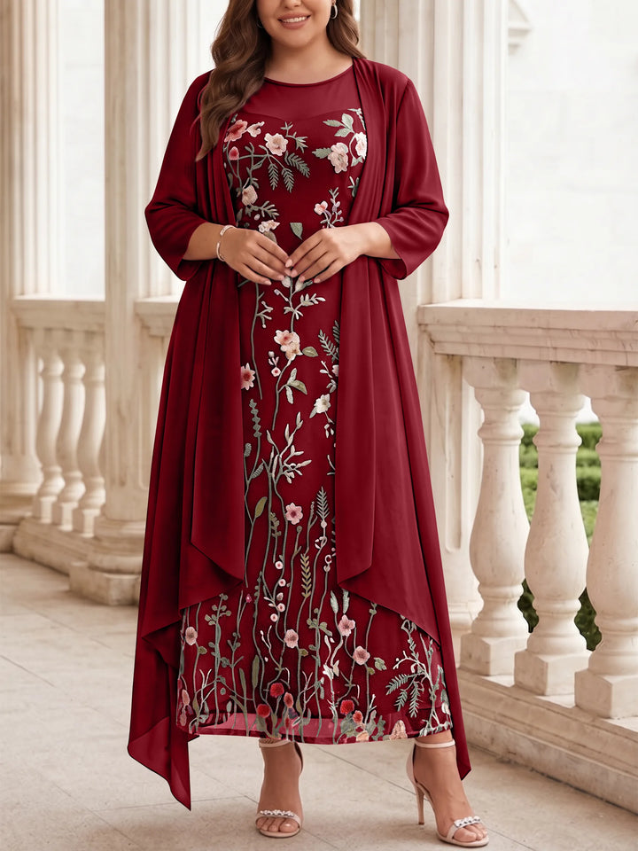 Robe mère de la mariée, Taille Plus, Ligne A/Princesse, 2 Pièces, Col Rond, Mousseline, Manches Longues, Longueur de la Cheville, Florale