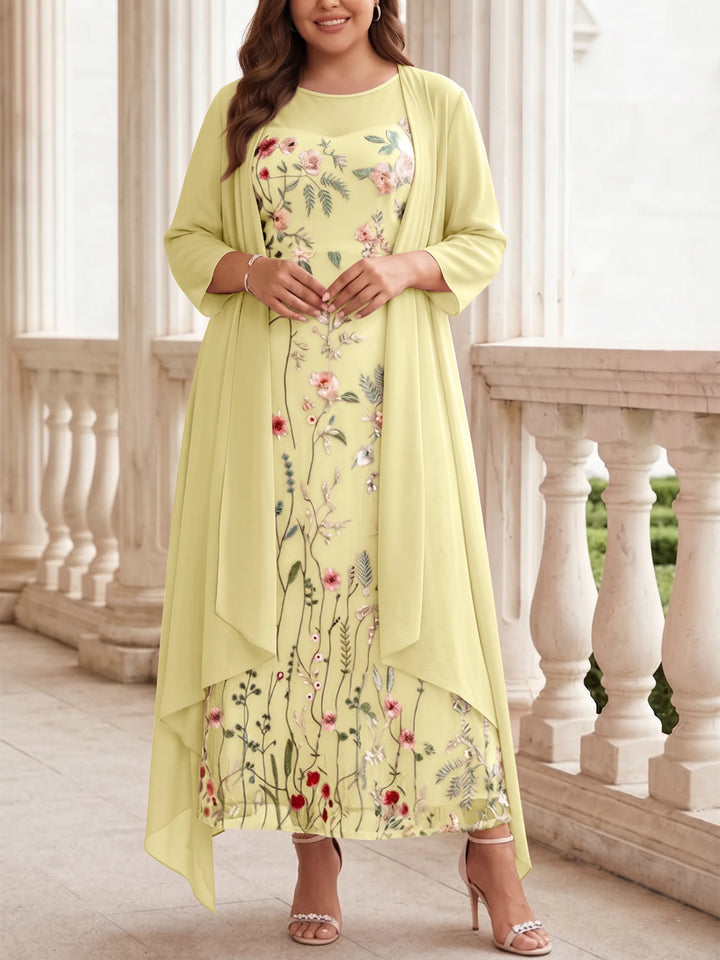 Robe mère de la mariée, Taille Plus, Ligne A/Princesse, 2 Pièces, Col Rond, Mousseline, Manches Longues, Longueur de la Cheville, Florale