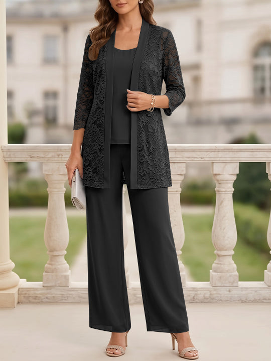 Tailleur 3 Pièces, Col Rond, Mousseline, Costume-Pantalon Mère de la Mariée avec Veste, Manches 3/4, Dentelle, Longueur au Sol