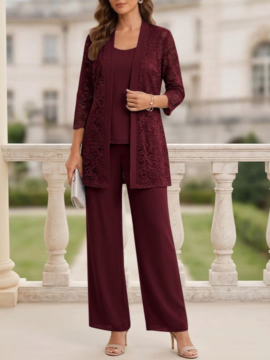 Tailleur 3 Pièces, Col Rond, Mousseline, Costume-Pantalon Mère de la Mariée avec Veste, Manches 3/4, Dentelle, Longueur au Sol