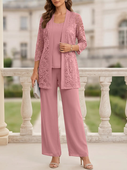 Tailleur 3 Pièces, Col Rond, Mousseline, Costume-Pantalon Mère de la Mariée avec Veste, Manches 3/4, Dentelle, Longueur au Sol