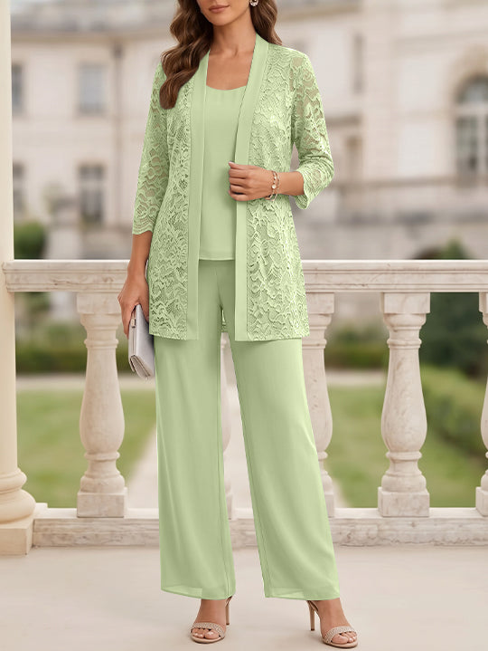 Tailleur 3 Pièces, Col Rond, Mousseline, Costume-Pantalon Mère de la Mariée avec Veste, Manches 3/4, Dentelle, Longueur au Sol
