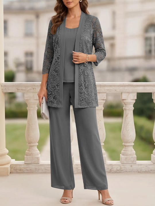 Tailleur 3 Pièces, Col Rond, Mousseline, Costume-Pantalon Mère de la Mariée avec Veste, Manches 3/4, Dentelle, Longueur au Sol