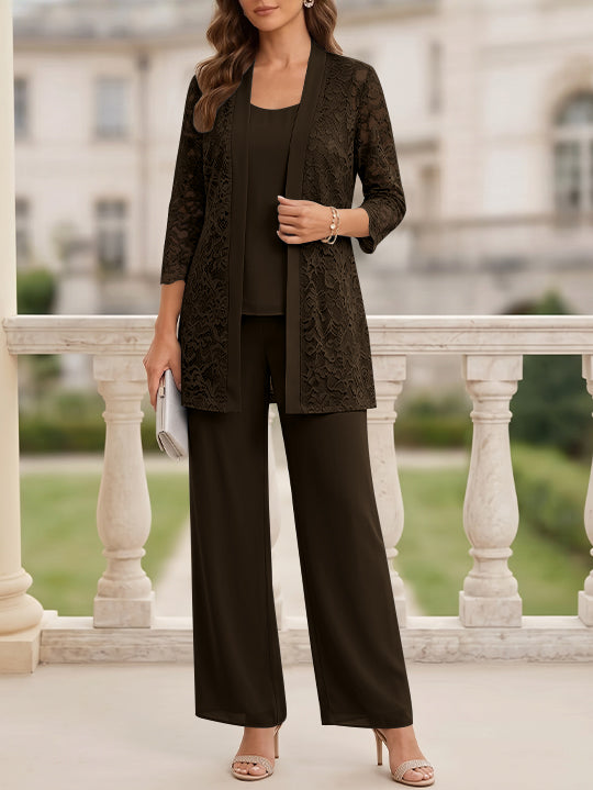 Tailleur 3 Pièces, Col Rond, Mousseline, Costume-Pantalon Mère de la Mariée avec Veste, Manches 3/4, Dentelle, Longueur au Sol