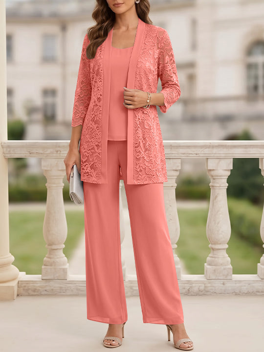 Tailleur 3 Pièces, Col Rond, Mousseline, Costume-Pantalon Mère de la Mariée avec Veste, Manches 3/4, Dentelle, Longueur au Sol