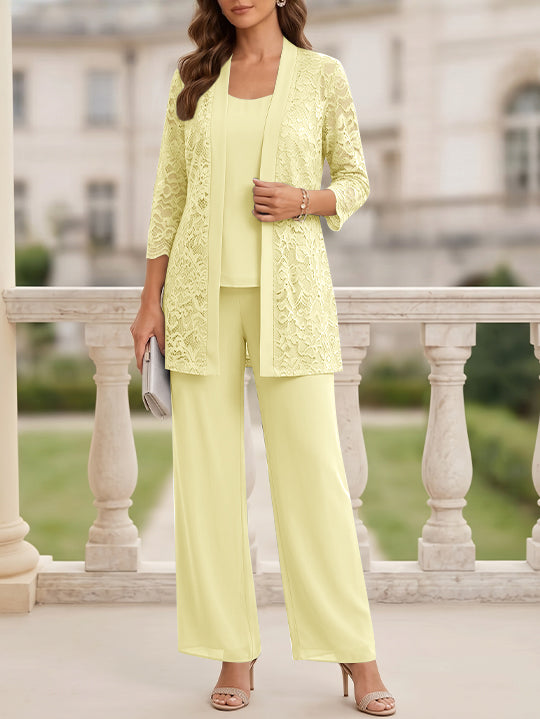 Tailleur 3 Pièces, Col Rond, Mousseline, Costume-Pantalon Mère de la Mariée avec Veste, Manches 3/4, Dentelle, Longueur au Sol