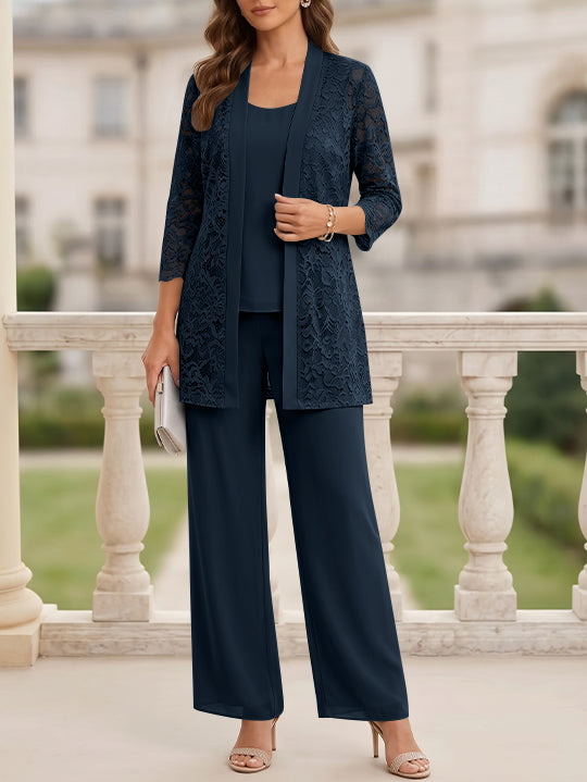 Tailleur 3 Pièces, Col Rond, Mousseline, Costume-Pantalon Mère de la Mariée avec Veste, Manches 3/4, Dentelle, Longueur au Sol