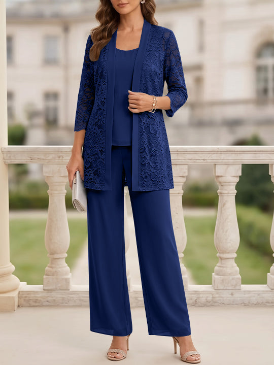 Tailleur 3 Pièces, Col Rond, Mousseline, Costume-Pantalon Mère de la Mariée avec Veste, Manches 3/4, Dentelle, Longueur au Sol