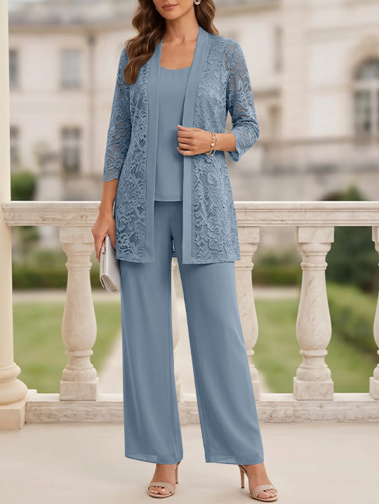 Tailleur 3 Pièces, Col Rond, Mousseline, Costume-Pantalon Mère de la Mariée avec Veste, Manches 3/4, Dentelle, Longueur au Sol