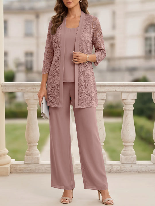 Tailleur 3 Pièces, Col Rond, Mousseline, Costume-Pantalon Mère de la Mariée avec Veste, Manches 3/4, Dentelle, Longueur au Sol