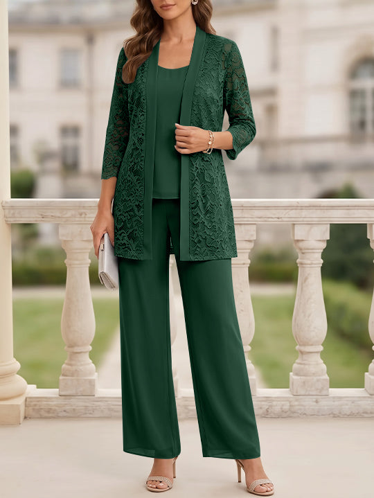 Tailleur 3 Pièces, Col Rond, Mousseline, Costume-Pantalon Mère de la Mariée avec Veste, Manches 3/4, Dentelle, Longueur au Sol