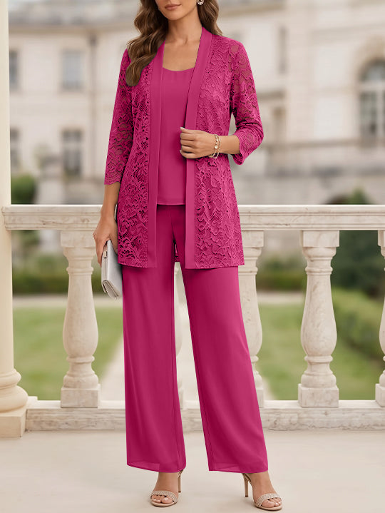 Tailleur 3 Pièces, Col Rond, Mousseline, Costume-Pantalon Mère de la Mariée avec Veste, Manches 3/4, Dentelle, Longueur au Sol
