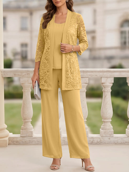 Tailleur 3 Pièces, Col Rond, Mousseline, Costume-Pantalon Mère de la Mariée avec Veste, Manches 3/4, Dentelle, Longueur au Sol