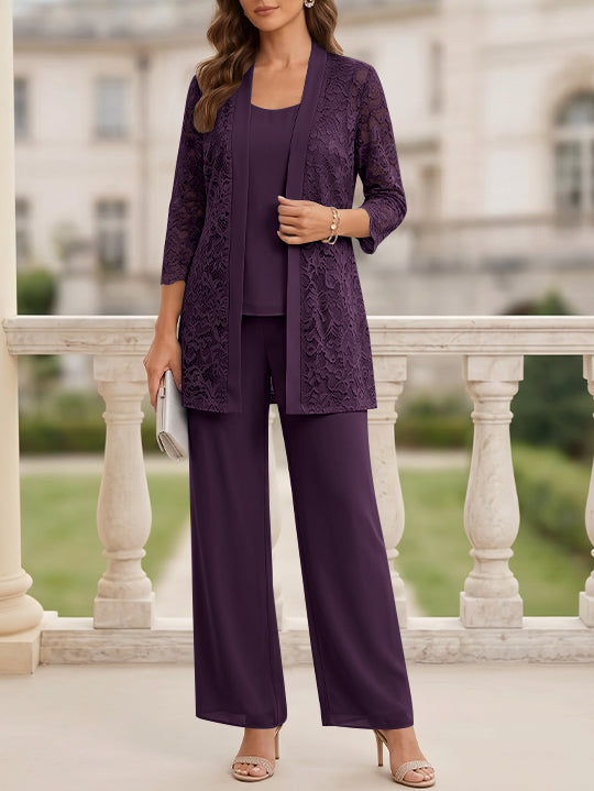Tailleur 3 Pièces, Col Rond, Mousseline, Costume-Pantalon Mère de la Mariée avec Veste, Manches 3/4, Dentelle, Longueur au Sol