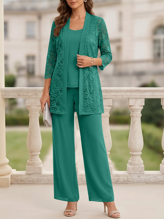 Tailleur 3 Pièces, Col Rond, Mousseline, Costume-Pantalon Mère de la Mariée avec Veste, Manches 3/4, Dentelle, Longueur au Sol